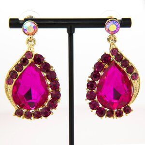 Statement Teardrop Earrings | Fuchsia Crystal Dangle | Gold Tone Glam